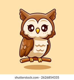 Cute Owl Bird On Branch Cartoon Vector Icon Illustration. Animal Nature Icon Concept Isolated Premium Vector. Flat Cartoon Style