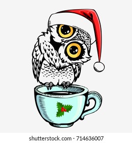 Cute owl bird with Santa Claus cap and cup. Hand drawn vector inspiration illustration. Can be used for  t-shirt  or bags print, fashion print design, greeting and invitation card.