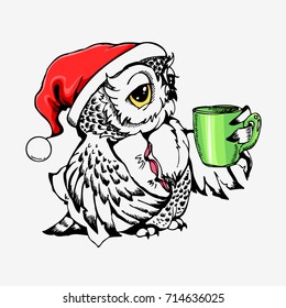 Cute owl bird with Santa Claus cap and cup. Hand drawn vector inspiration illustration. Can be used for  t-shirt  or bags print, fashion print design, greeting and invitation card.