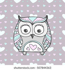 Cute owl bird, seamless heart pattern. Vector. Love bohemia concept for wedding invitation card, ticket, branding, logo, label. Gift for girl, women. Pink, blue, beige, grey pastel colors. Colorful