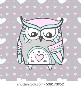 Cute owl bird, seamless heart pattern. Valentine day. Vector. Love bohemia concept for wedding invitation card, branding, logo, label. Gift for girl, women. Pink, blue, beige pastel colors. Colorful