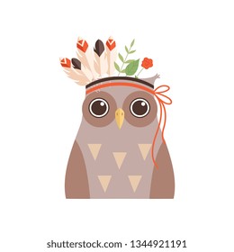 Cute Owl Bird Wearing Headdress with Feathers, Leaves and Flowers Vector Illustration
