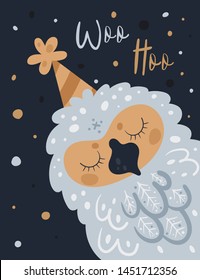 Cute owl bird Woo hoo. Happy birthday, party, congratulation and invitation card Isolated cartoon animal character illustration. For print, poster, calendar, decoration, textile, card