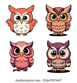 Cute owl birds set isolated Colorful cartoon owls