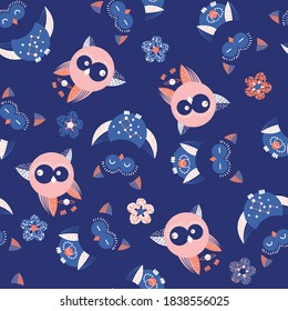 Cute Owl Birds Vector Seamless Pattern 