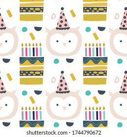 Cute owl and birthday cakes hand drawn seamless vector fill. Cute childish drawing. Baby wrapping paper, textile, vector illustration 