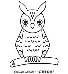 Cute owl black outline freehand drawing, beautiful animal sketch, night bird on a branch illustration, coloring page image