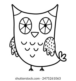 Lindo búho en blanco y negro. Carácter de bosque en contorno para niños diseño. Divertido pájaro elemento aislado. Ilustración vectorial