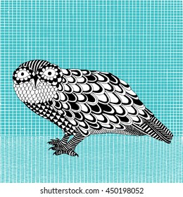 Cute owl in black and white on blue grid background