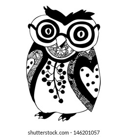 Cute owl in black and white with ornamental decoration 