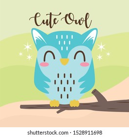 Cute Owl Blue on tree design with sand and green background, good for icon, mascot, card, banner, poster, print and other uses