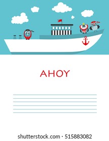 Cute owl, boat ahoy greeting card. Vector Illustration