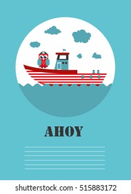 Cute owl, boat ahoy greeting card. Vector Illustration