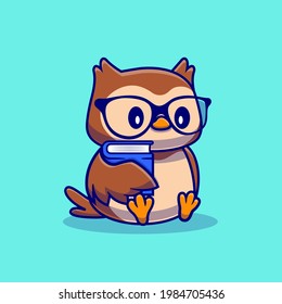 Cute Owl With Book Cartoon Vector Icon Illustration. Animal Education Icon Concept Isolated Premium Vector. Flat Cartoon Style