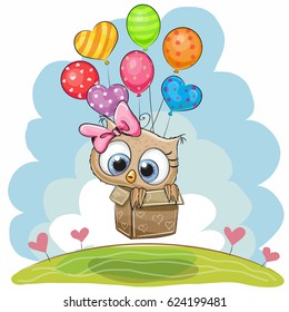 Cute Owl in the box is flying on balloons