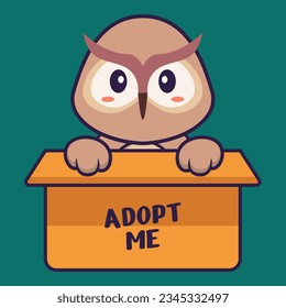 Cute owl in box with a poster Adopt me. Animal cartoon concept isolated. Can used for t-shirt, greeting card, invitation card or mascot