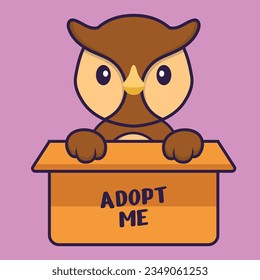 Cute owl in box with a poster Adopt me. Animal cartoon concept isolated. Can used for t-shirt, greeting card, invitation card or mascot.