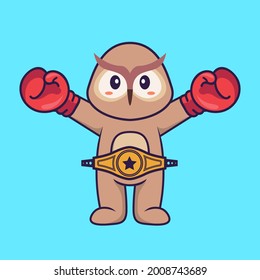 Cute owl in boxer costume with champion belt. Animal cartoon concept isolated. Can used for t-shirt, greeting card, invitation card or mascot.