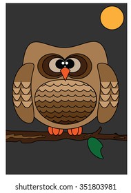 Cute owl brown on a tree branch, vector, Illustration