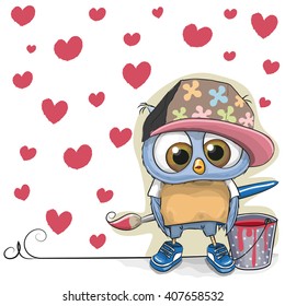 Cute Owl with brush is drawing hearts