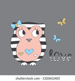 cute owl with butterfly vector illustration, love card with owl