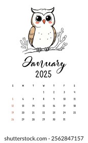 Cute Owl Calendar for January 2025, A charming illustration of a cartoon owl perched on a branch, featured in a calendar layout for January 2025