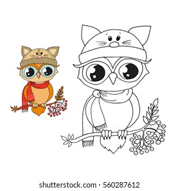 Cute owl in cap sitting on rowan tree. Black and white, colorful image for coloring book. Isolated vector illustration on white background.