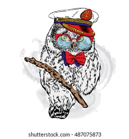 Cute owl in the captain's cap, glasses and tie. Vector illustration for greeting card, poster, or print on clothes.