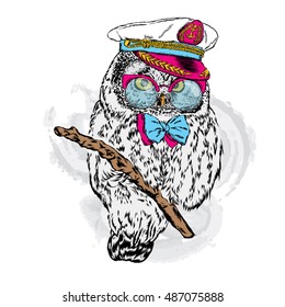 Cute owl in the captain's cap, glasses and tie. Vector illustration for greeting card, poster, or print on clothes.