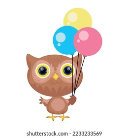 Cute owl carrying colorful balloons