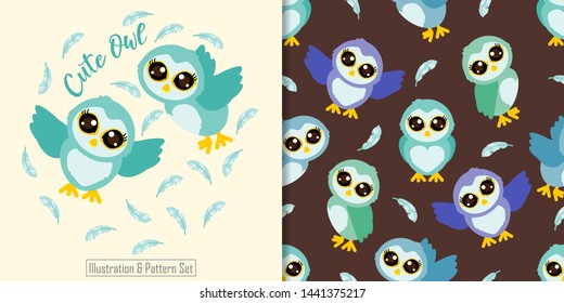 cute owl cartoon animal seamless pattern with illustration card set