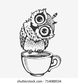 Cute owl cartoon bird character line sketch. Hand drawn vector illustration for t-shirt print design, coloring book, greeting card. Isolated on white