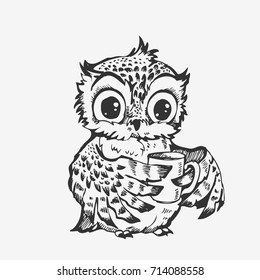 Cute owl cartoon bird character line sketch. Hand drawn vector illustration for t-shirt print design, coloring book, greeting card. Isolated on white