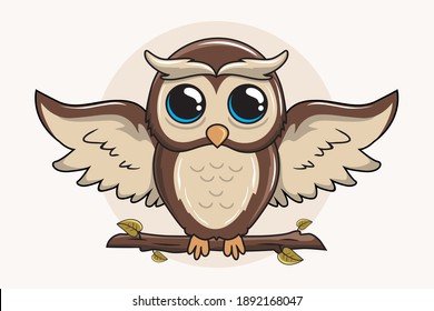 Cute Owl Cartoon Bird Open Wings