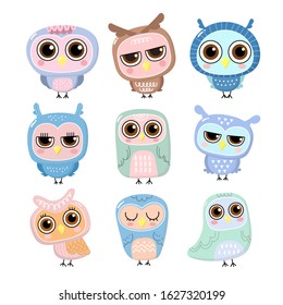 Cute owl cartoon character. Animal wildlife doodle vector.