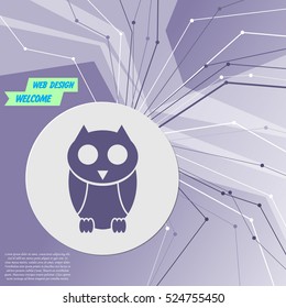 Cute owl cartoon character icon on purple abstract modern background. The lines in all directions. With room for your advertising. Vector illustration