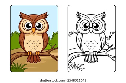 Cute owl cartoon character line art for kids coloring page book vector illustration