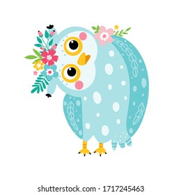 Cute owl cartoon character in vector.  Owl decorated with flowers isolated on white background. Kids illustration.