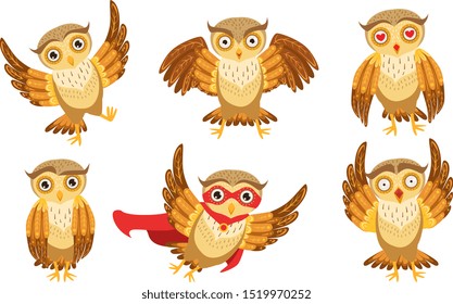 Cute Owl Cartoon Characters Set, Adorable Funny Owlets in Different Poses Vector Illustration