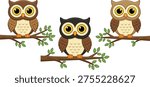 Cute owl cartoon characters sitting on tree branches, kawaii forest birds mascot set, adorable woodland animal vector illustration collection
