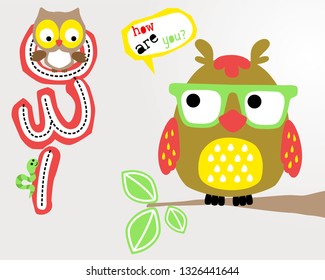 Cute owl cartoon in eyeglasses perch on tree branches. Owl and caterpillar on "owl" word