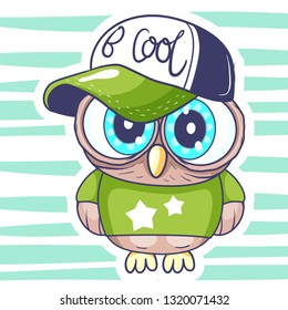 Cute owl. cartoon hand drawn vector illustration. Can be used for baby t-shirt print, fashion print design, kids wear, baby shower celebration greeting and invitation card. - Vector