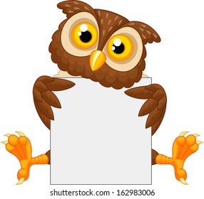 Cute Owl Cartoon Holding Blank Sign