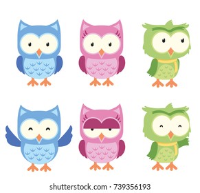 Cute Owl Cartoon Isolated Vector Set