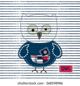 cute owl cartoon on striped background vector illustration