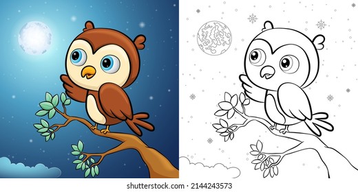Cute owl cartoon tree and full moon at night  Coloring book page