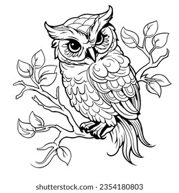 Cute owl cartoon on tree. Coloring book or page