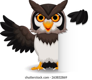 Cute owl cartoon posing with blank sign