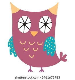 Cute owl in cartoon style. Forest character for kids design. Funny bird isolated on white background. Vector illustration