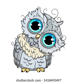 Cute owl cartoon vector  bird character. Hand drawn vector illustration for t-shirt print design, greeting card. Isolated on white